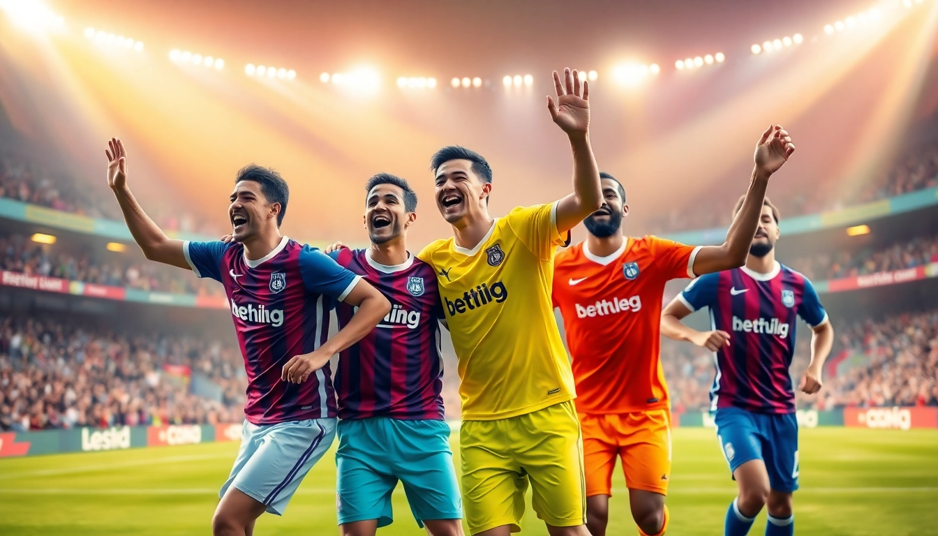 Experience แทงบอลออนไลน์ excitement with players celebrating in a vibrant stadium filled with fans.